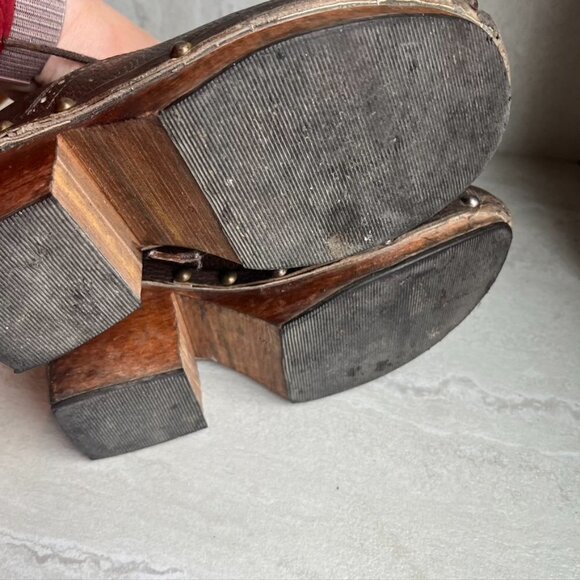 ** Vintage 90s Y2K Leather Lace up Chunky Wooden Clog Heels Size 6 - Picture 12 of 12